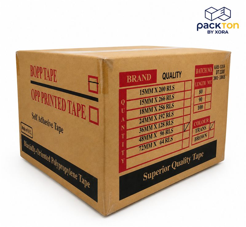 Carton of BOPP OPP tape showing widths and rolls per carton